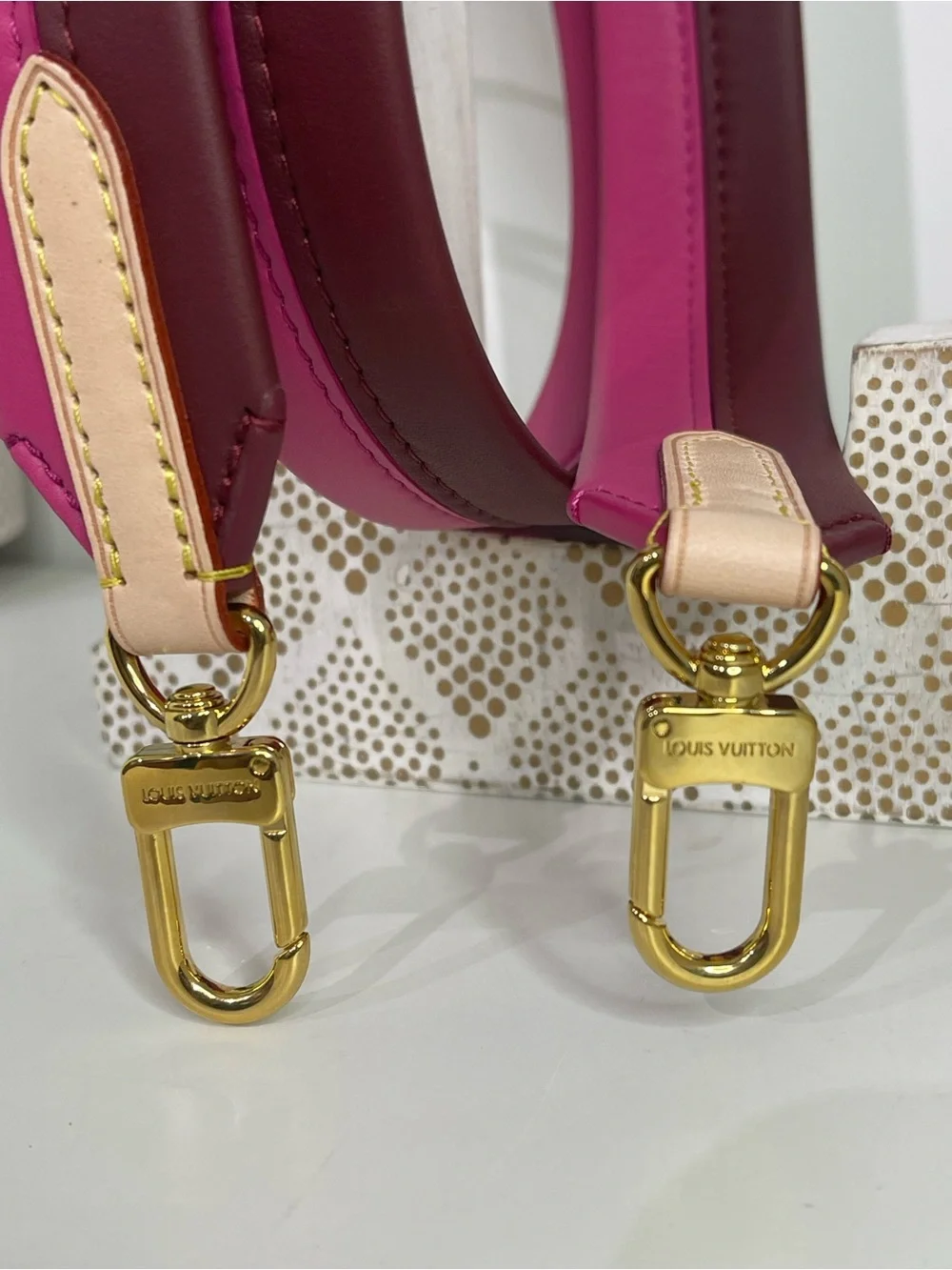 Louis Vuitton Pink & Burgundy Leather Bag Strap with Gold Hardware